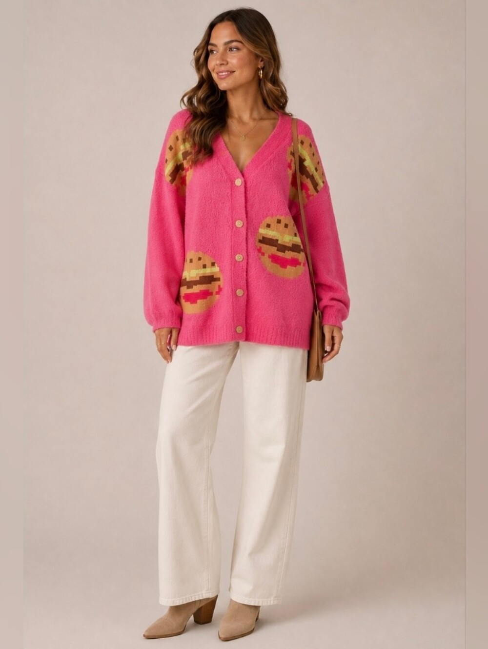 Listicle Pink Fuzzy Hamburger Cardigan Sz L